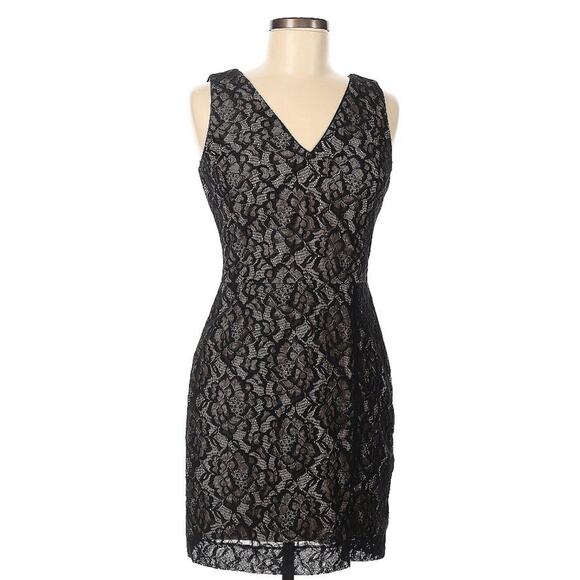 NWT DRESS THE POPULATION Black Lace Cocktail MIDI V-Neck Sheath Dress Sz M EUC - Picture 2 of 5